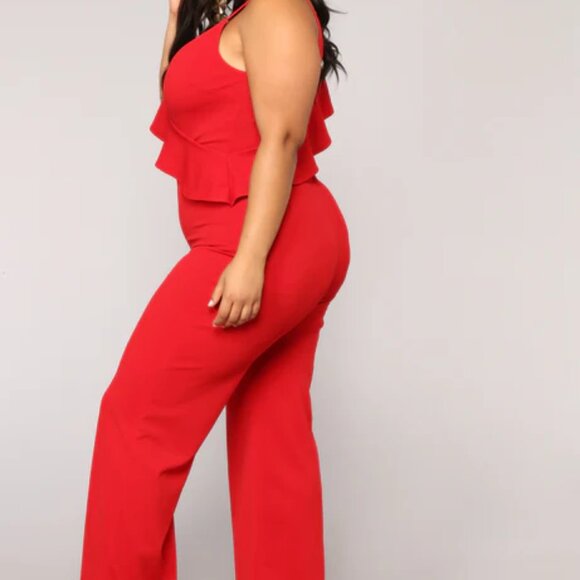 NOVALUXE Ruffle Detail Spaghetti Strap & Tank Shoulder Red Jumpsuit Wide Leg 1X - Picture 5 of 6